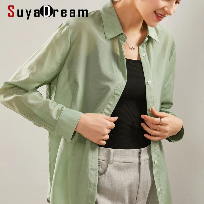 SuyaDream Women Candy color Blouse 50%Silk 50%Cotton Solid Long Sleeved Turn Down Collar Office Shirt 2020 Spring | Женская одежда