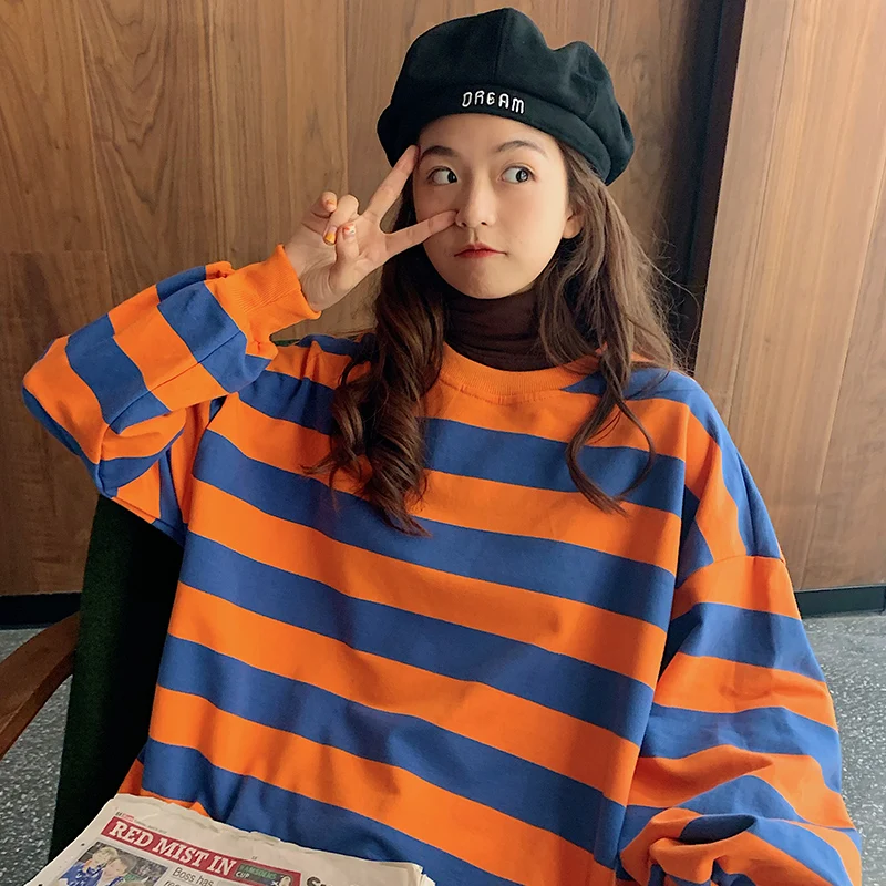 

Lychee Harajuku Stripe Crew Neck Women Tracksuit Medium and Long Section Lady Pullovers Hit Color Autumn Women Sweatshirt