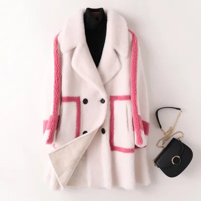 Высококачественная оторочка из овечьей шерсти пальто зимняя женская теплая куртка модная шерсть ягненка куртка Женская Верхняя одежда Пальто меховое Женское пальто - Цвет: white stitching pink