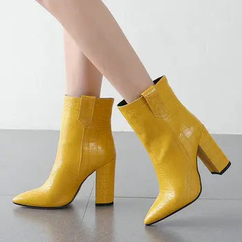 

Faux Leather Pointed Toe Wide Ankle Boots for Women Square Block Heel Short Boots Woman Yellow Black Brown White 2019 Winter