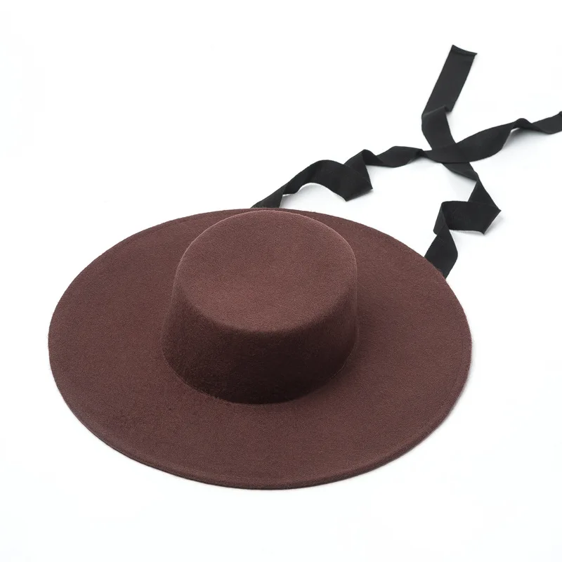 Высококачественная осенне-зимняя фетровая шляпа, женская шапка оверсайз, модная женская шерстяная шапка с плоским верхом, женская шапка с широкими полями для зимы - Цвет: Brown