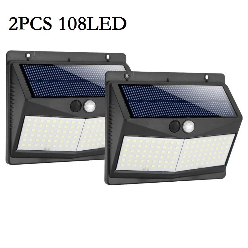 140/108LED трёхсторонний солнечный светильник с датчиком движения PIR, настенный светильник для улицы, водонепроницаемый энергосберегающий светильник для двора, садовой дорожки, Лампа безопасности - Испускаемый цвет: 2PCS 108LED