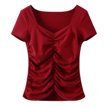 

WOMEN Pleated tight t-shirt female cotton short-sleeved summer waist design sense niche retro square collar French top