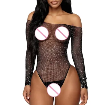 

Plus Size Bodysuit Women Black Lace Playsuits Fishnet Rhinestone Ropa Mujer Lingerie Rompers Off- Shouder Jumpsuits Body Clothes