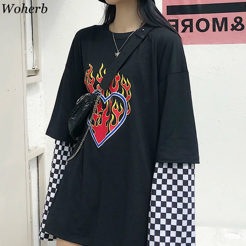 Woherb Harajuku Толстовка для женщин Лоскутные пуловеры шахматная доска печатные перемычки Поддельные 2 шт. рубашки для женщин уличная Blusas