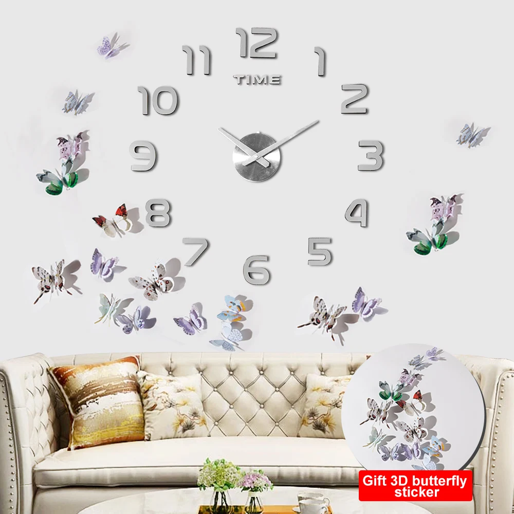 3D акриловые часы зеркало часы-Наклейка на стену DIY креативные часы украшения дома кварцевые часы/выслать Бесплатные 3D бабочка Стикеры