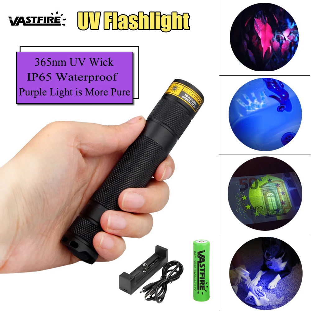 

UV Flashlight LED 365nm Rechargeable Ultra Violet Ultraviolet Invisible Torch for Pets Stain Hunting Marker Use 18650 battery