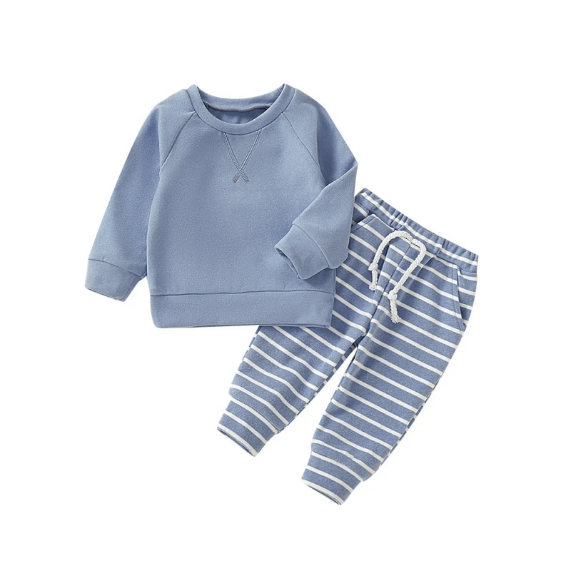 Блузка с длинными рукавами для маленьких мальчиков и девочек, штаны в полоску, пижама, комплект одежды для сна - Цвет: Синий