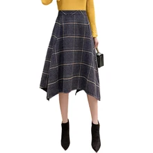 Уличная Клетчатая Шерстяная Юбка для женщин осень зима Высокая талия миди юбки Винтаж размера плюс Асимметричная юбка jupe femme