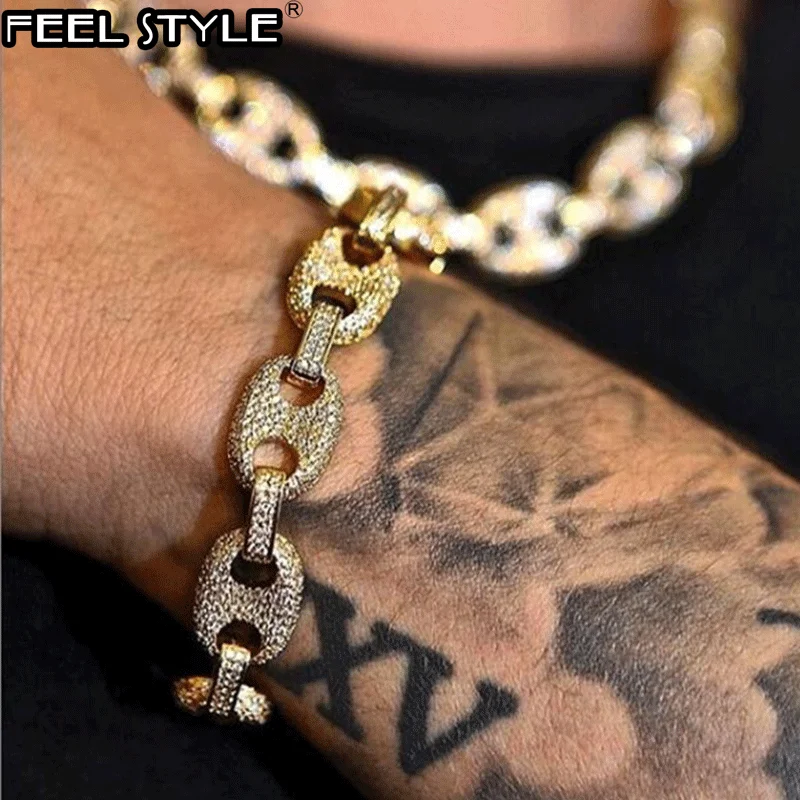 

Multi-color Width Iced Out Rhinestoned 13MM 20CM Gold Gold Coffee Beans Link Chain Bracelets Chain For Men HIP Hop Jewelry