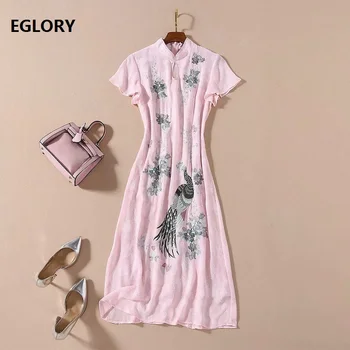 

Top Quality Qipao Dress 2020 Summer Women Luxury Phonix Flower Embroidery Short Sleeve Midi Bodycon Pink Dark Blue Dress Female