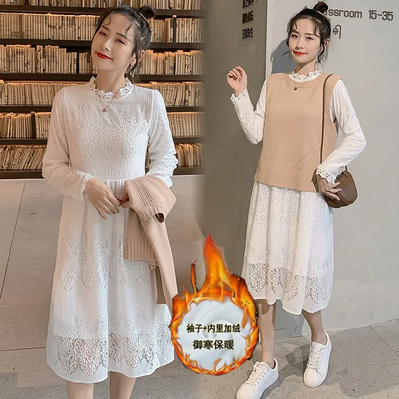 

2019 Winter Maternity Clothes plus Velvet Lace Sweater Vest Two-Piece Set Go out Lactation Garment Dress