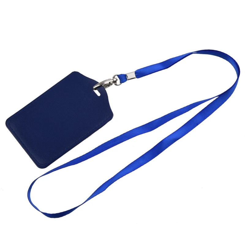 Blue Faux Leather Badge ID Card Vertical Holders Neck Strap 2 Pcs