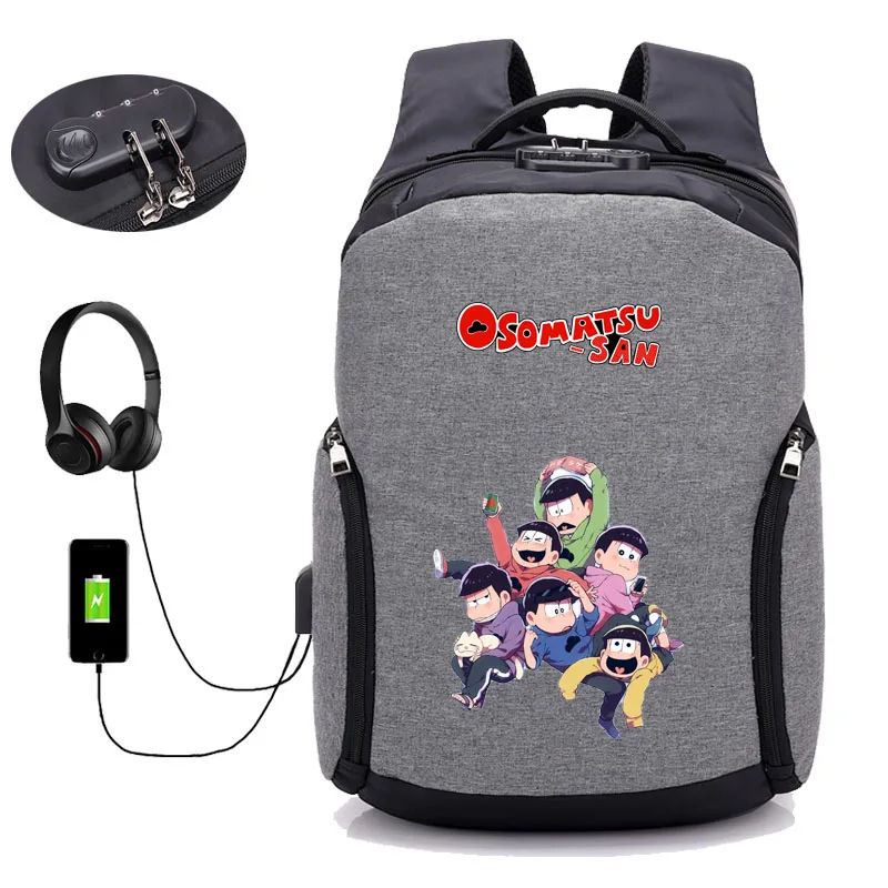 

anime Osomatsu-san backpack Anti-theft USB Charging Backpack Teenager Travel Men Backpack student bookBag 12 style