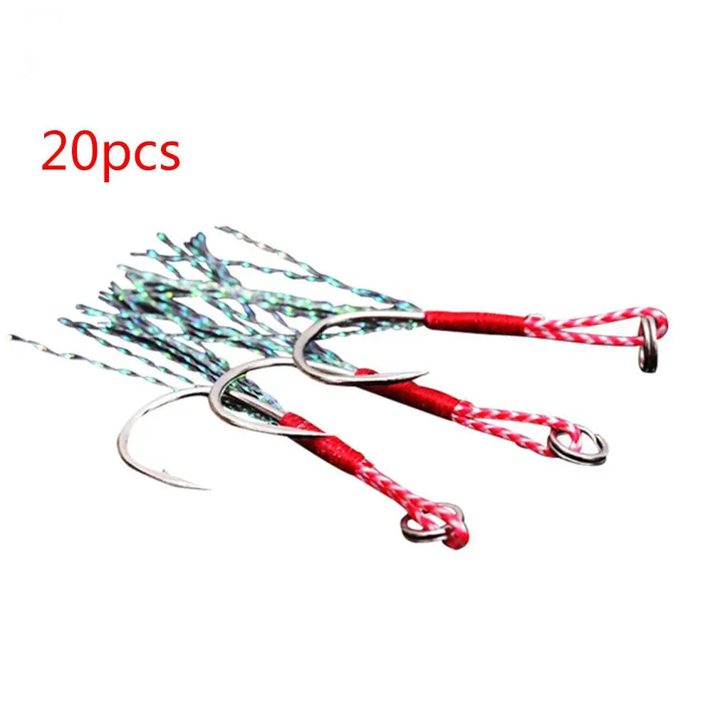 

20pcs/lot Fishing Lure Slow Jigging Fishing Cast Jigs Assist Hook Barbed Single Jig Hooks Thread Feather Pesca High Carbon Steel