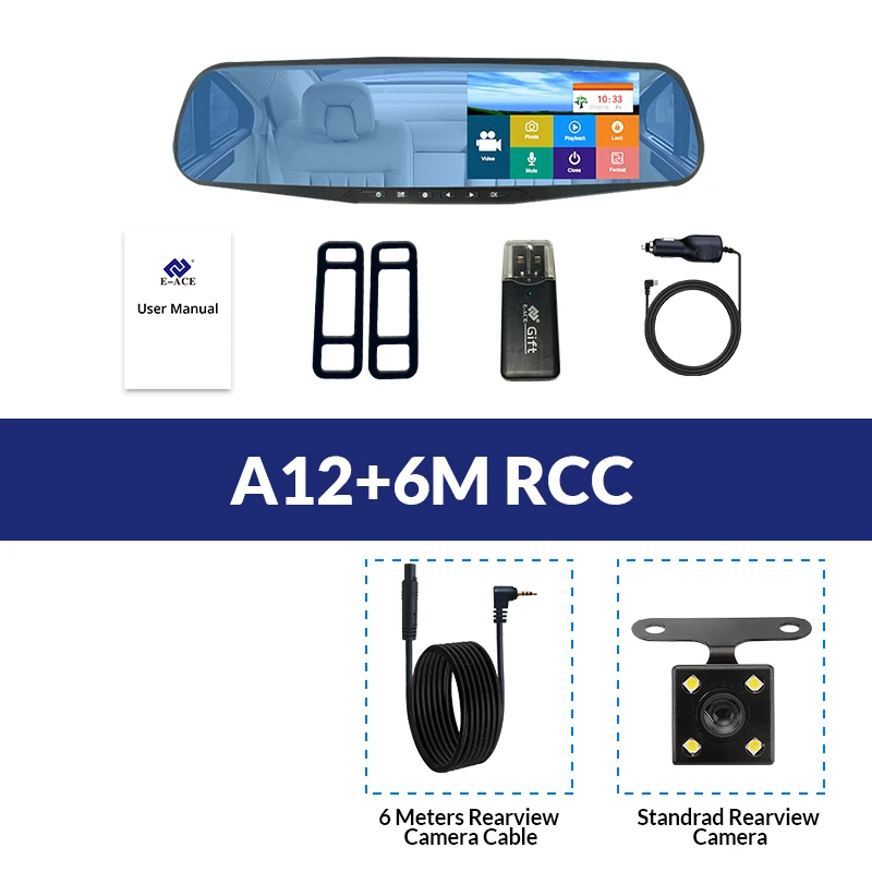 E-ACE видеорегистратор для автомобиля, видеорегистратор 4,3 дюймов, сенсорный FHD 1080 P, зеркало заднего вида, видеорегистратор с двумя объективами, автоматический Регистратор с камерой заднего вида