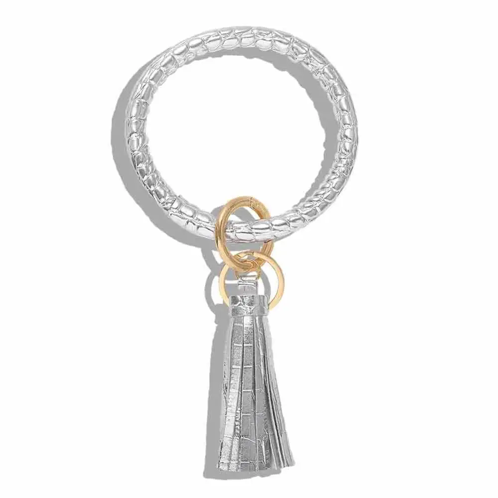 Dvacaman New Fashion Multi-Color Tassel Keychain Enamel PU Leather O Key Chain Monogram Circle Wristlet Keychain For Women Girls - Цвет: 26