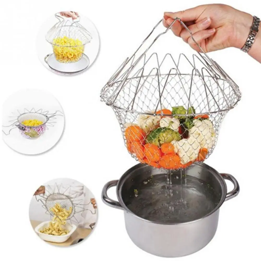 

None Multifunction Foldable Stainless Steel Kitchen Fry Basket Cooking Tool