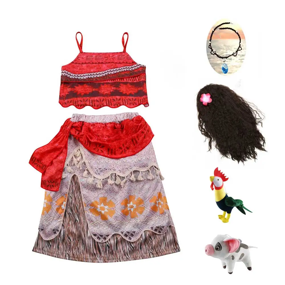 Ragazze Party Cosplay Princess Dress Bambini Vaiana Girls Moana Costume Con Collana Parrucca Pet Pig Chick Anime Costume