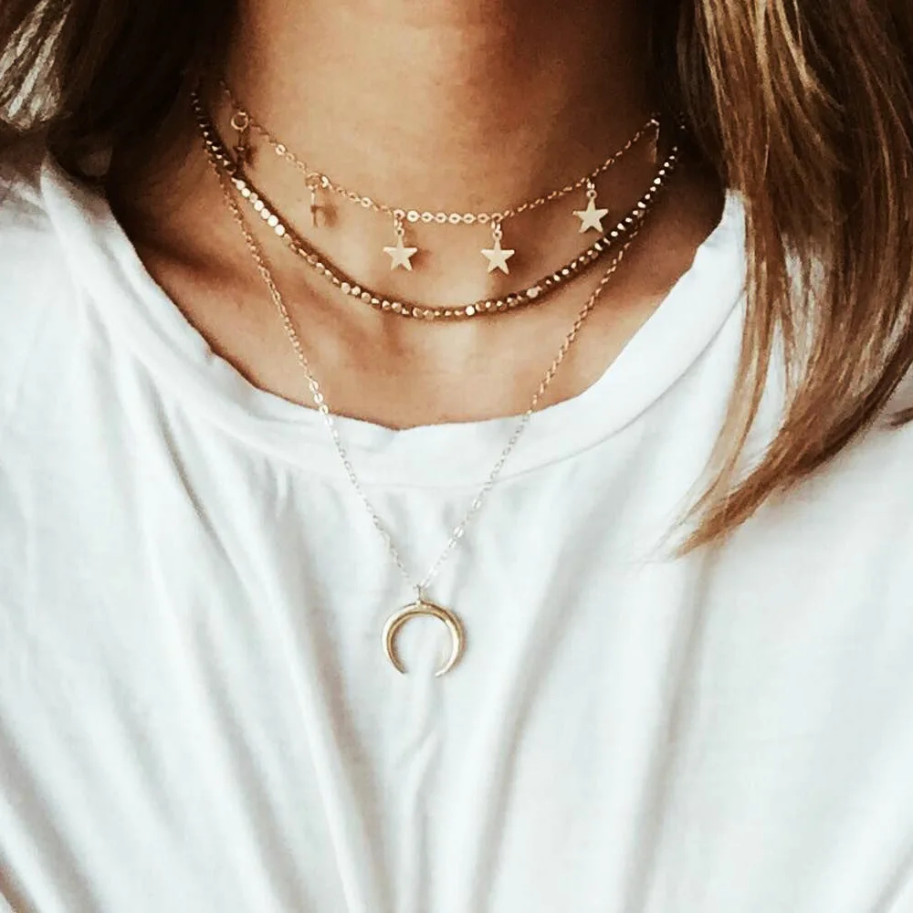 

Bohemia Ethnic Gold Plating Alloy 3 Layers Moon and Stars Pendants Choker Necklace