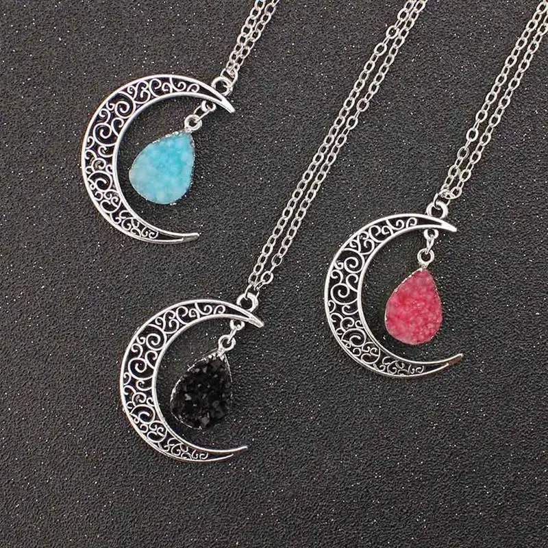 Винтажный Galaxy Moon Crystal Crescent Moon черный, красный и синий кварцевый и из натурального камня ожерелье с опалом подвески