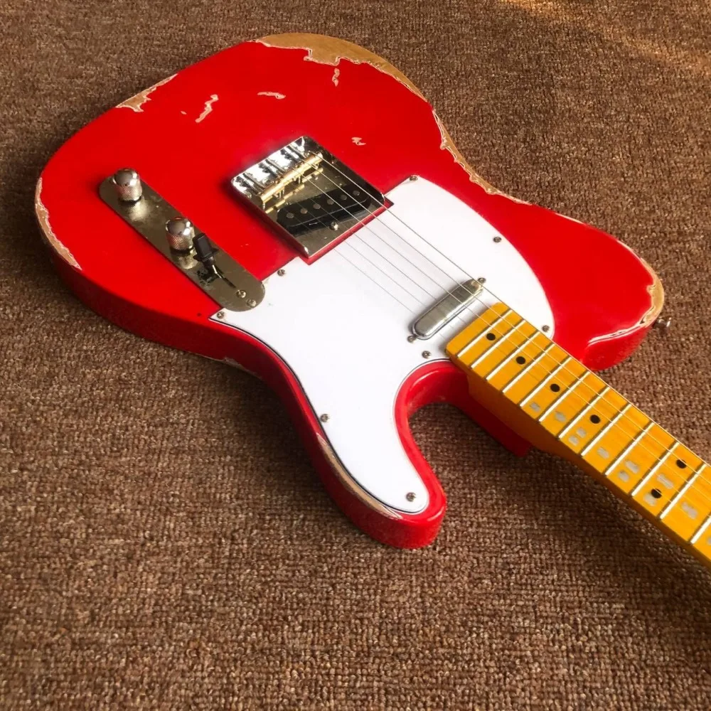 Высококачественная электрогитара 6 струн, клен гриф gitaar relics by hands. Красная гитара ra