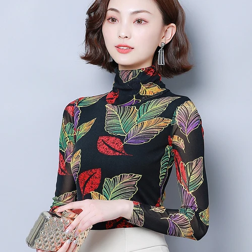 

2019 Autumn New Style Fashion Elastic Exquisite Printed Big Code Woman Simple Elegant Temperament Slim Female Bottoming Shirts