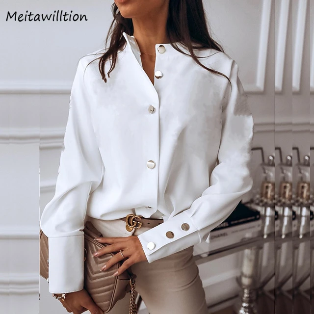 Blusa blanca elegante para camisa informal de manga larga con botones oficina, Tops lisos Primavera, 2020 - AliExpress