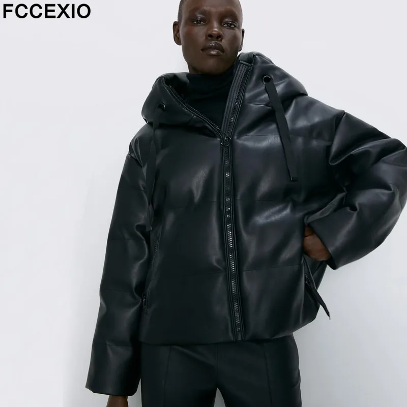 FCCEXIO PU Leather Parkas Women Fashion Hooded Faux Leather Coats Women Elegant Zipper Cotton Jackets Female Office Lady Coat