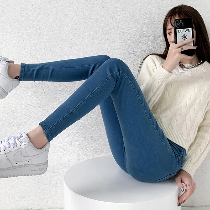 

2021 Pencil Pants Women High Waist Stretch Denim Jeans Women's Fashion Cotton Slim Jeans Button Fly Retro Washed Skinny Trousers