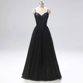 

Black Satin Sweetheart Evening Dresses Spaghetti Straps Tulle Black Prom Dress 2020 Sexy V Neck A-line Wedding Party Guests Gown