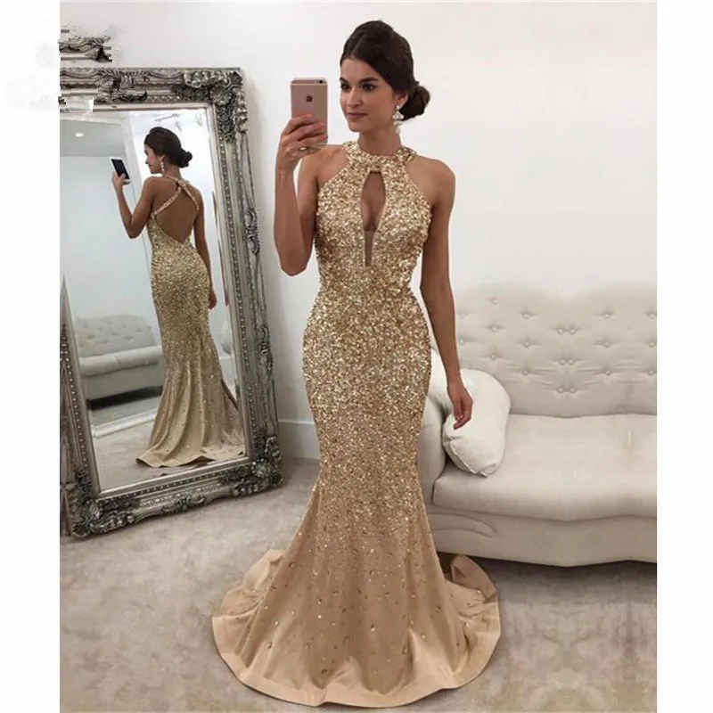 

2019 Mermaid Halter Prom Dresses with Crystals Beaded Sweep Train Backless Formal Evening Party Dress for Women