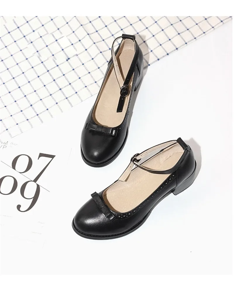 Japanese Buckle Strap Bow Women Oxford High Thick Heels Lolita Shoes British Genuine Leather Single Brogues Shoes Woman Size 43 (22)