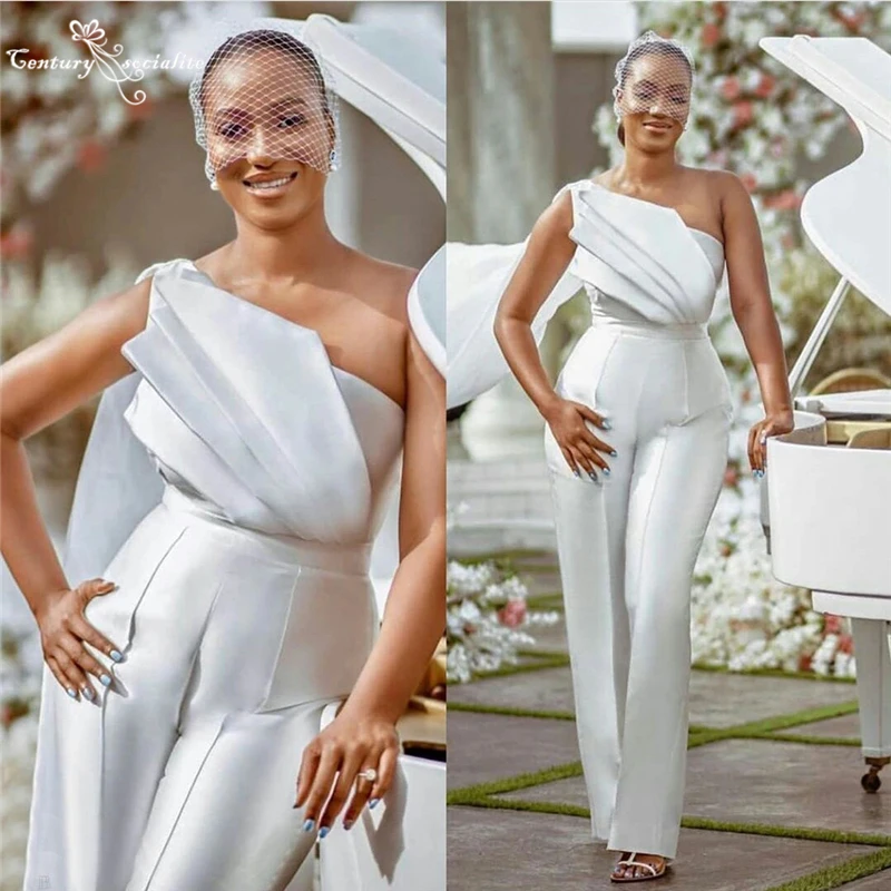 African-White-Jumpsuits-Wedding-Dresses-2022-One-Shoulder-Satin-Bride ...