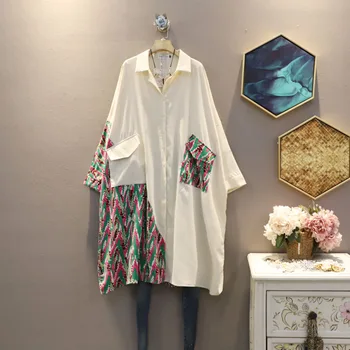 

[EWQ] 2020 Spring Summer New Arrivals Lapel Batwing Sleeve Print Patchwork Singel Breasted Casual Shirt Women 3AJ73912XL