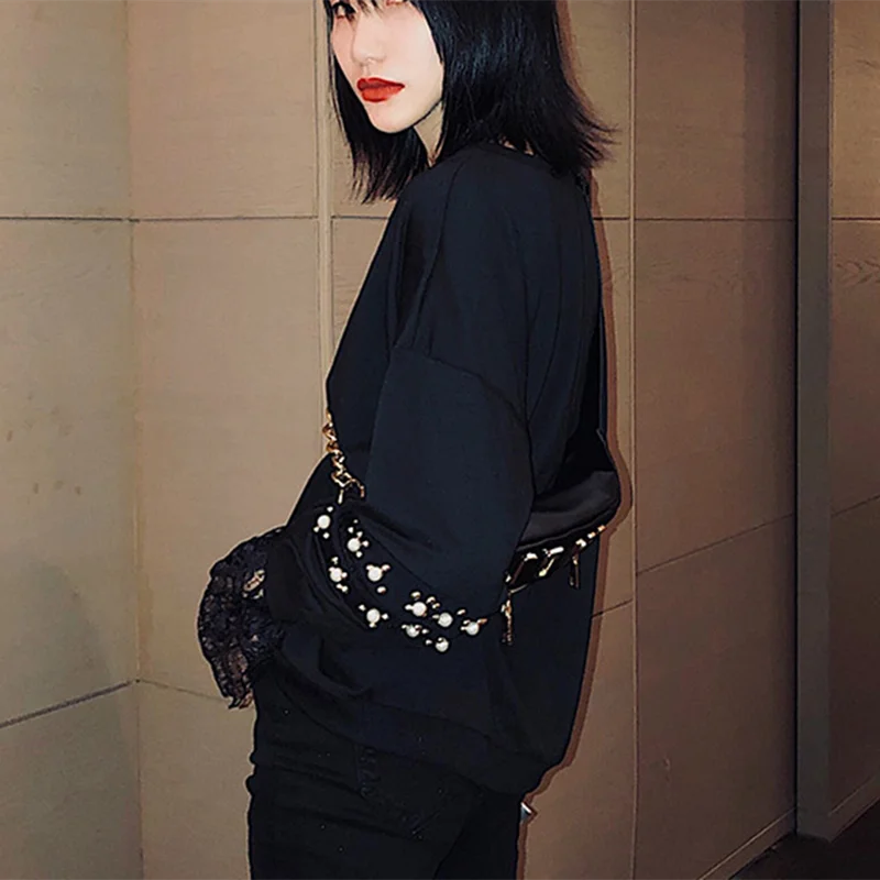 Günstige MUMUZI Große größe 4XL frauen schwarz lange ärmeln sweatshirts spitze nähte große lose perlen jacken lose stil tops