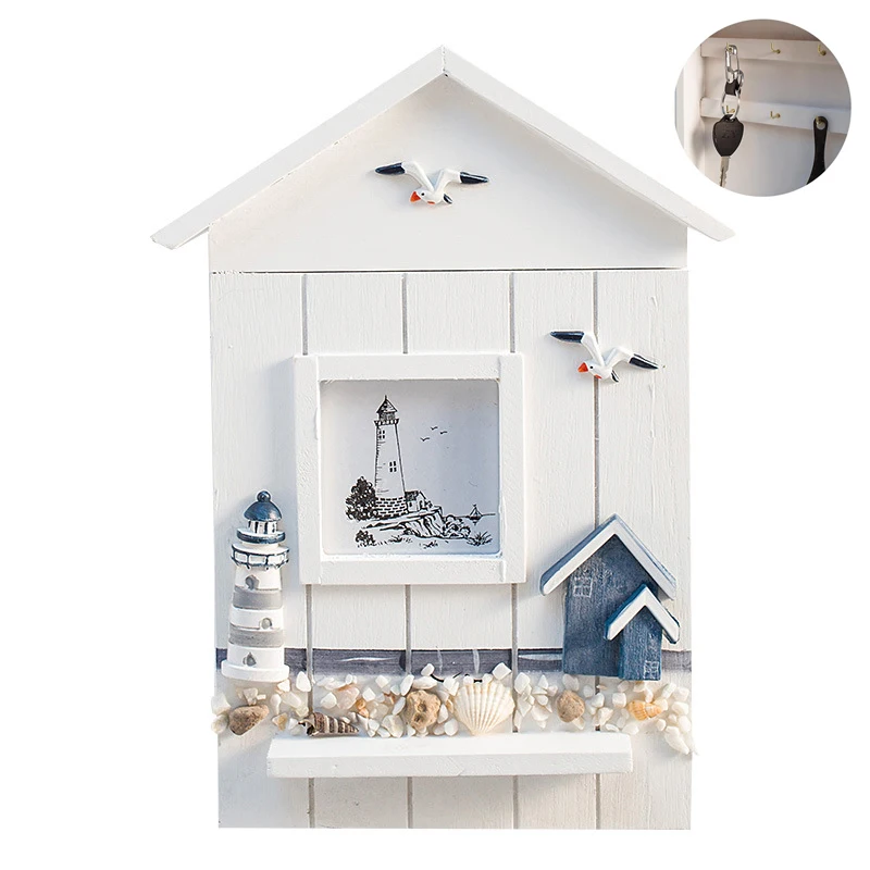

Mediterranean Style Key House Storage Box Wall-Mounted Seabird Sea Tower Wooden Storage Box Pen Holder Home Wall Decor Crafts