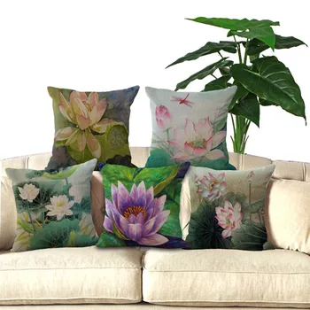 

Square 18"Cotton Linen Lotus Flowers Decorative Sofa Throw Cushions Car Seat Pillows No Filing Home Decor P1003 Cushion Cover