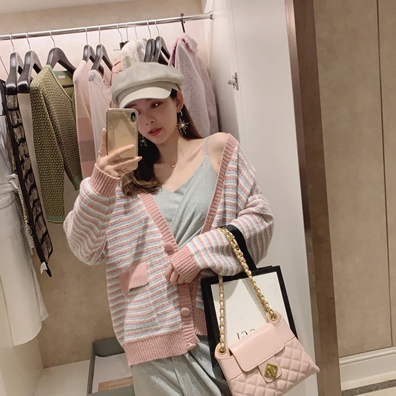MISHOW, Осенний полосатый розовый вязаный кардиган для женщин, Vneck, длинный рукав, с карманом, вязаное пальто, верхняя одежда, пальто MX19C5240