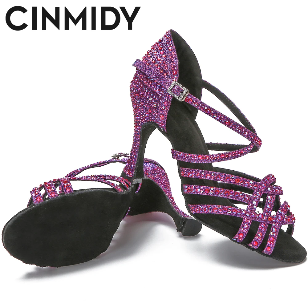 Women's Latin Dance Shoes Tango Ballroom Dance Training Shoes Ladys Girls Sandals Rhinestone Wedding High Heels Purple/Black dance shoes