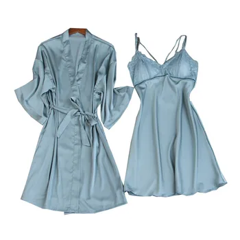 

Women Robe Gown Sets Ladies Sexy Lace Lounge Sets Pijama Long Sleeve Silk Nightwear Bathrobe Nightdress Two-Pieces Sleepwear