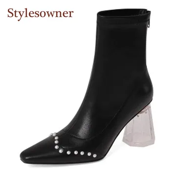 

Retro Stretch Fabric Short Boots Autumn Winter Fashionable Square Toe Transparent Thick Heel Pearl Decoration Beige Black Boots