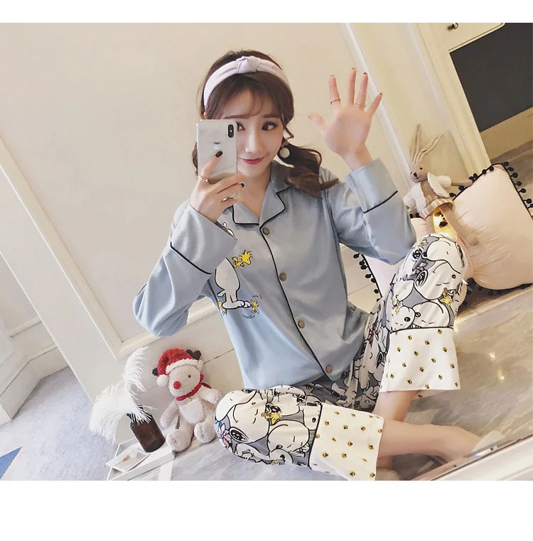 Autumn& Winter Cartoon New Style Pajamas Women's Snoopy Qmilch Long Sleeve Casual Tracksuit Cardigan fan ling Set