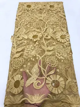

Gold Line Sequined Indian Lace Fabric 2020 Nigeria Mesh Voile Net Tulle Guipure Lace African Women Evening Dress Sequins Fabric