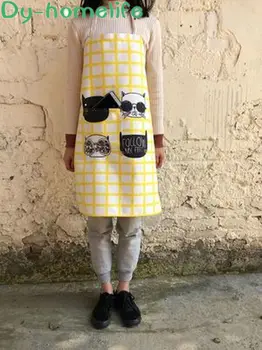 

60*68cm Korean Multi-color Cat Cartoon Cotton Linen Apron Sleeveless Home Kitchen Cooking Apron Waterproof and Oil Resistant