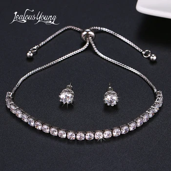 

Fashion Round Zircon Wedding Women Jewelry Sets with Silver Color Adjustable Bracelet and Earrings Friendship Sets Brincos