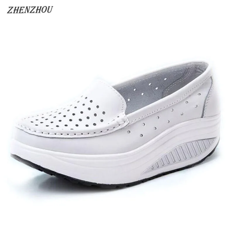 

MHYONS Pumps Woman Shoe Summer genuine leather cutout breathable swing shoes white nurse shoes wedges heighten mother shoes