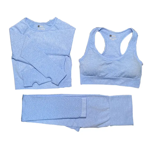 2/3/5PCS Women Sportswear Yoga Set Gym Clothing Tracksuit Long Sleeve Crop Top High Waist Seamless Leggings Fitness Sports Suits 3pcs sky blue