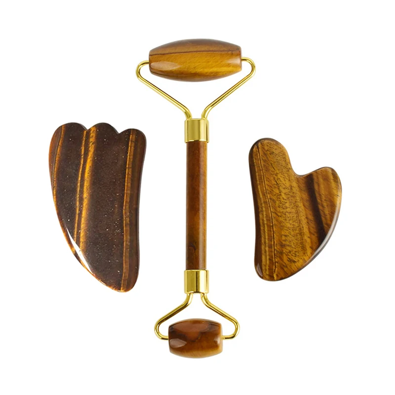 

3pc Tiger Eye Jade Roller Face Massage Tool Lifting Guasha Massage Board Natural Stone Face Roller Facial Massager Scraping Tool