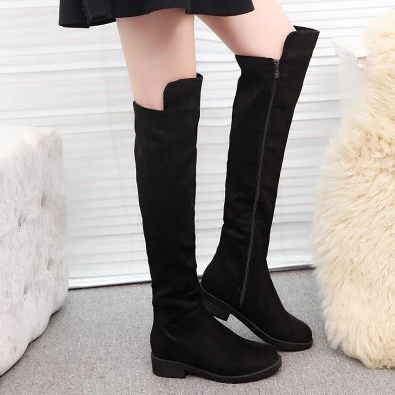 

Autumn and winter 2019 new Knights' boots thick heel round head knee high boots side zipper large leather boots women's Boots